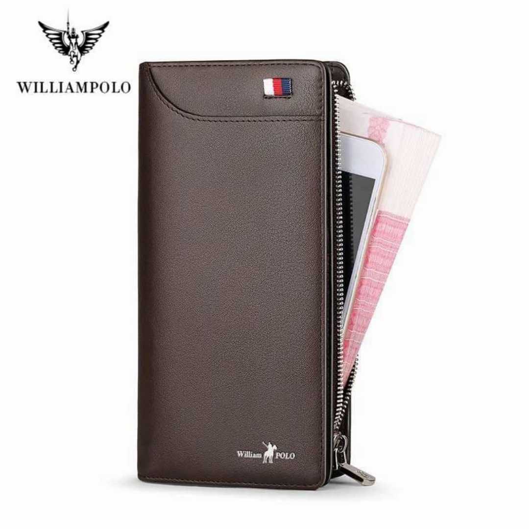 WP1020-,Brown,-WILLIAMPOLO,Genuine,Leather,Long,Clutch,Zipper,Business,Wallet,for,Men