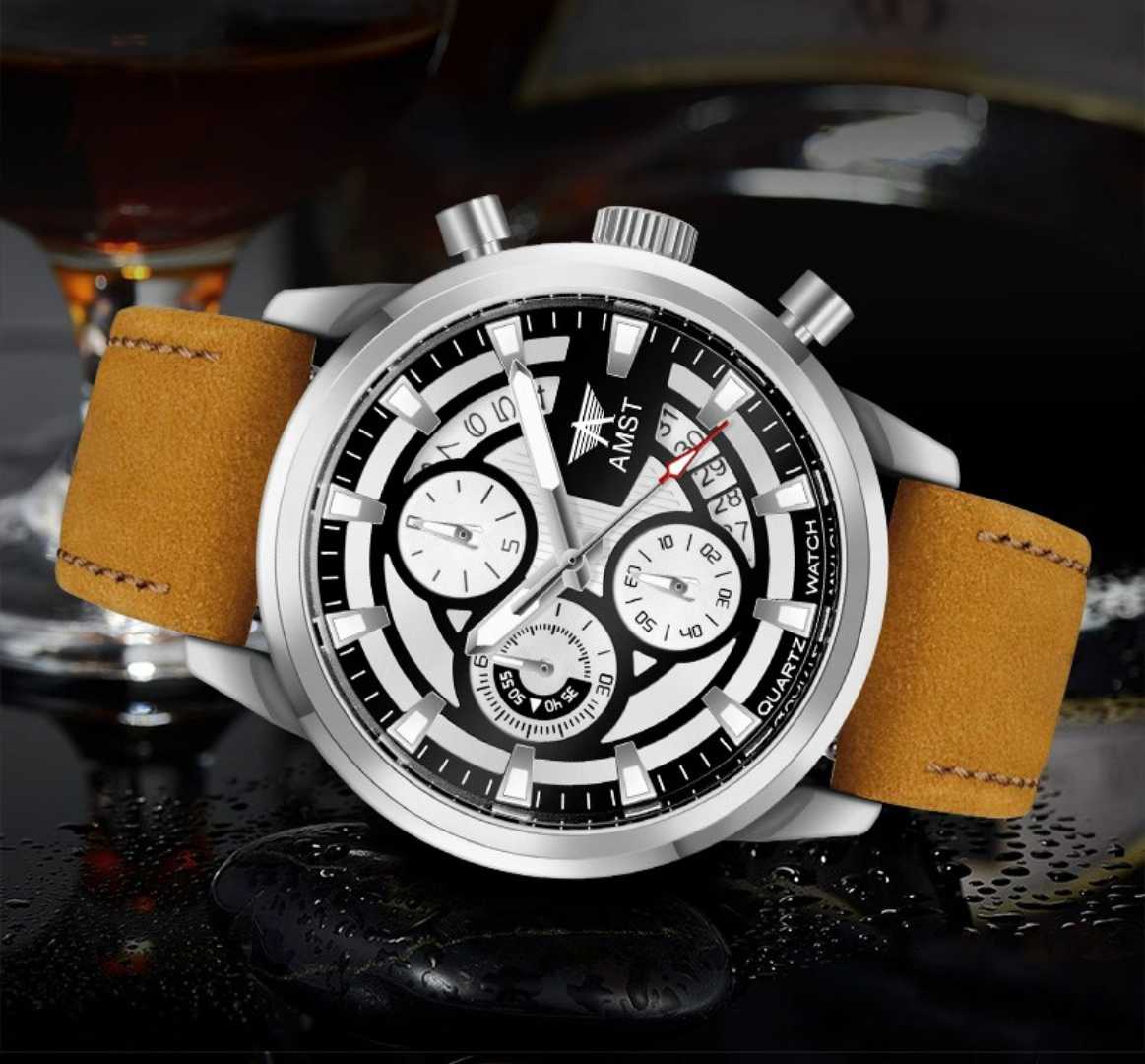 AMST,3068,Luxury,Brand,Chronograph,Genuine,Brown,Leather,Waterproof,Wristwatches