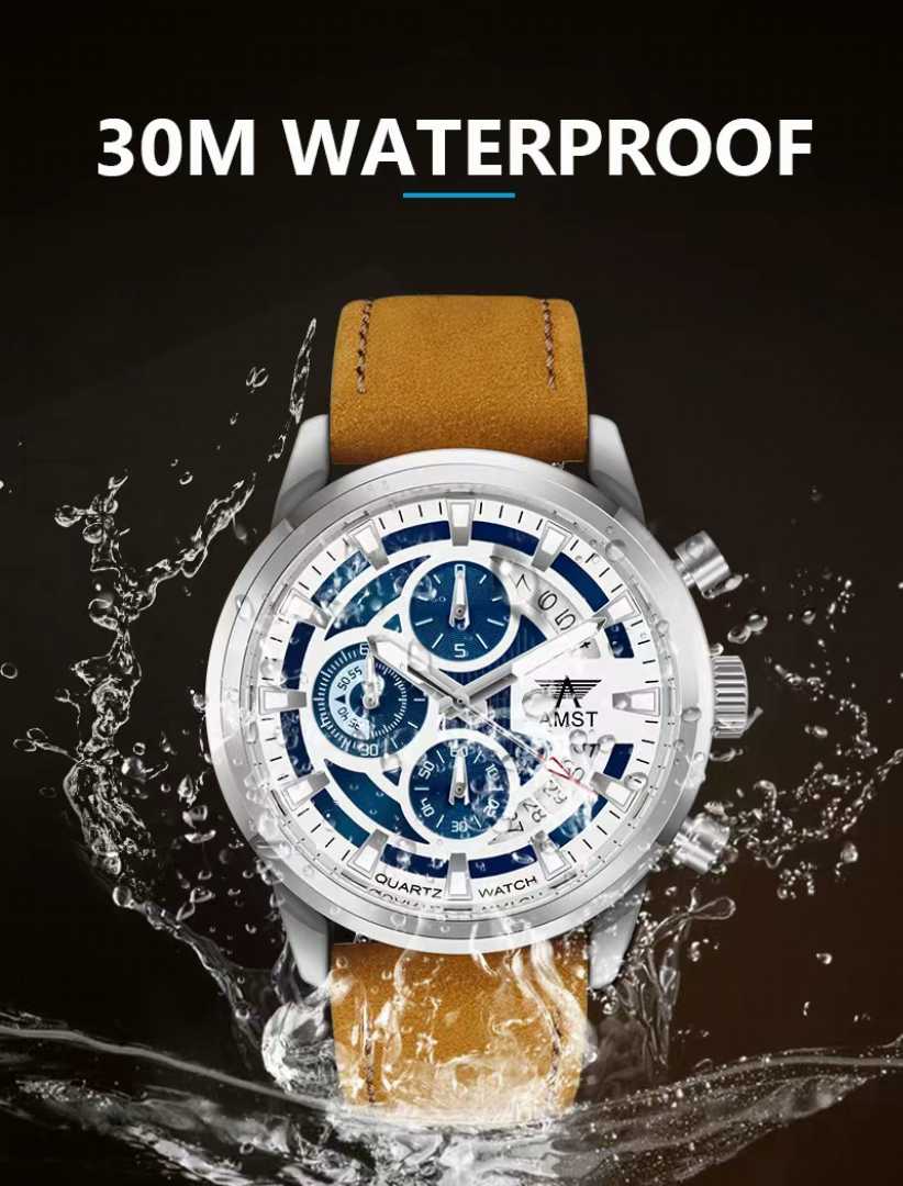 AMST,3068,Luxury,Brand,Chronograph,Genuine,Brown,Leather,Waterproof,Wristwatches