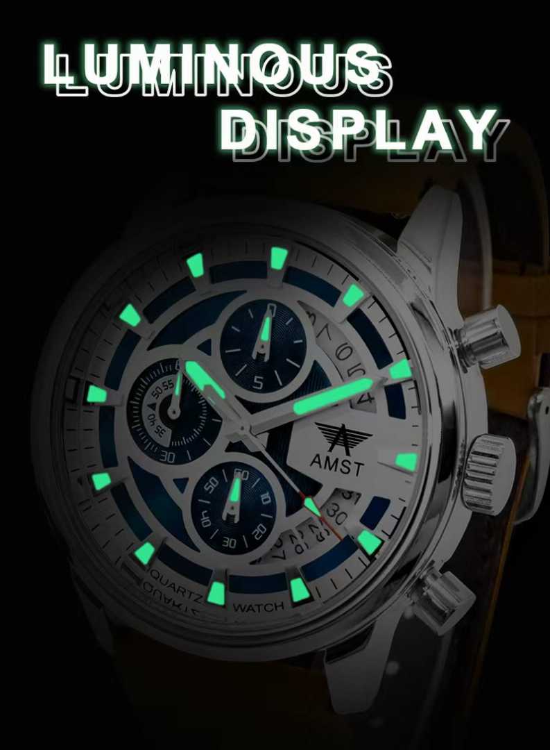 AMST,3068,Luxury,Brand,Chronograph,Genuine,Brown,Leather,Waterproof,Wristwatches